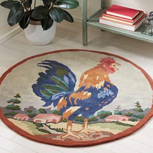 safavieh novelty collection 3' round ivory / rust nov253a handmade country rooster premium wool area rug