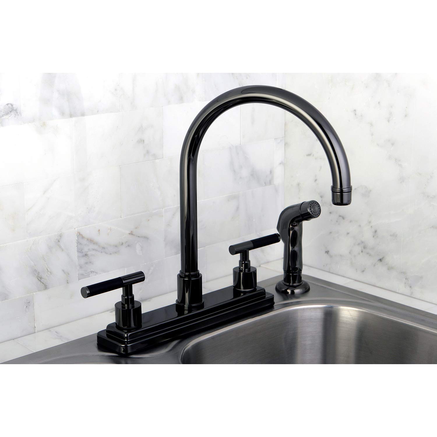 Kingston Brass NS8790DKLSP Water Onyx 8 inch Centerset Kitchen Faucet with Lever Handle and Matching Side Sprayer, Black Stainless Steel