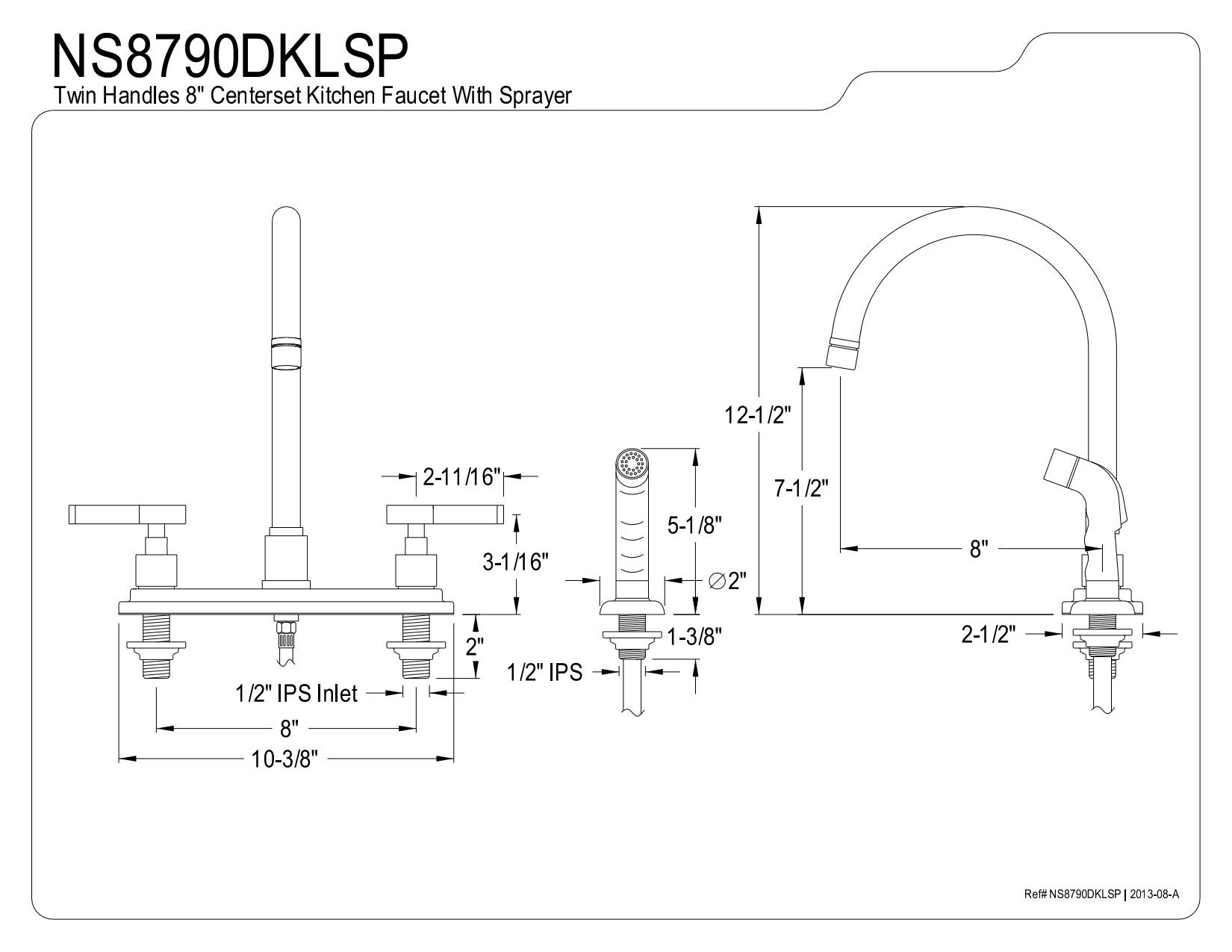 Kingston Brass NS8790DKLSP Water Onyx 8 inch Centerset Kitchen Faucet with Lever Handle and Matching Side Sprayer, Black Stainless Steel