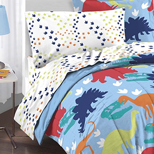 Dream Factory Dinosaur Prints Boys Comforter Set with Sheets, Kids Bedding Bed in a Bag, Multi-Colored, Twin, Blue Red