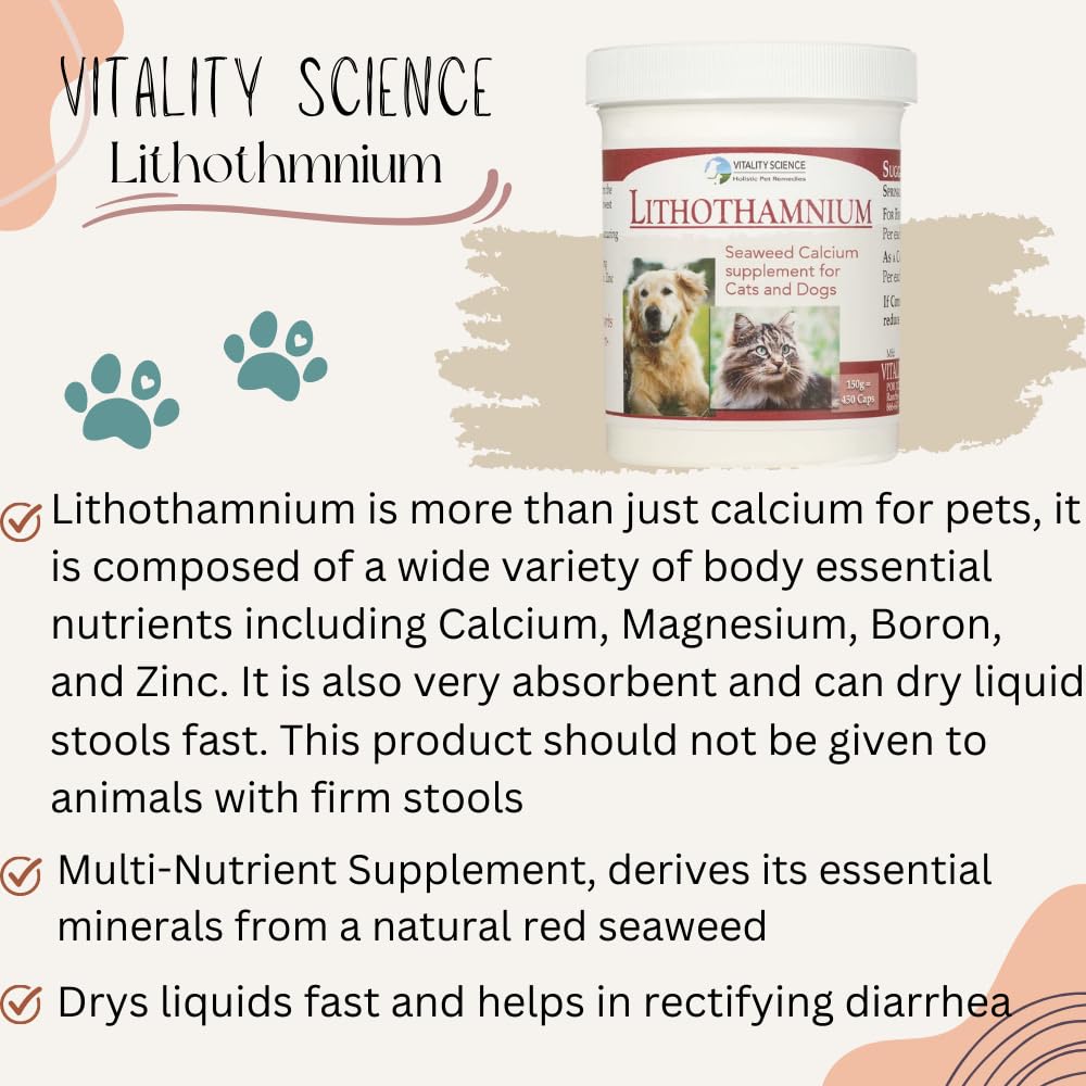 Vitality Science Natural Red Seaweed Lithothamnium Calcium Supplements for Cats and Dogs | Easy Absorption | Promotes Healthy Bones and Joints | Diarrhea Relief