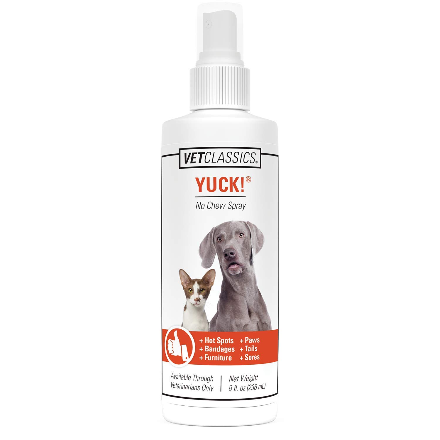 Vet Classics Pet Deterrent Spray for Dogs, Cats - Yuck! No-Chew Training Spray - 8 Fl Oz - Water-Based Formula for Chewing - Helps Stop Furniture, Surfaces, Bandages, Pet Sores Chewing