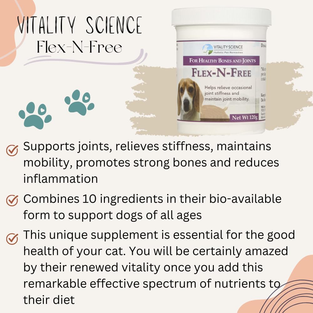 Vitality Science Flex N Free for Dogs | Promotes Healthy Bones & Joints | Relieves Stiffness | Maintains Joint Mobility | Reduces Inflammation | Builds Bone Tissue | 100% Safe & Natural (120g)