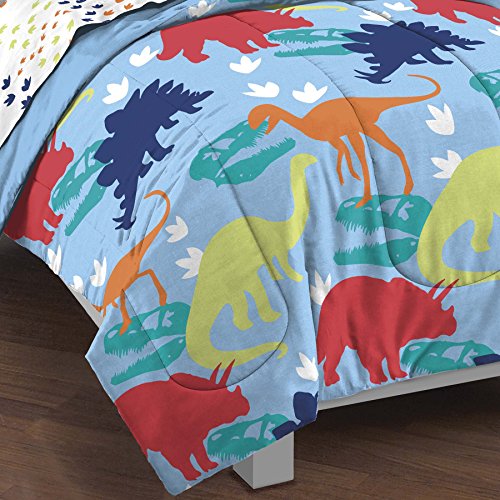 Dream Factory Dinosaur Prints Boys Comforter Set with Sheets, Kids Bedding Bed in a Bag, Multi-Colored, Twin, Blue Red