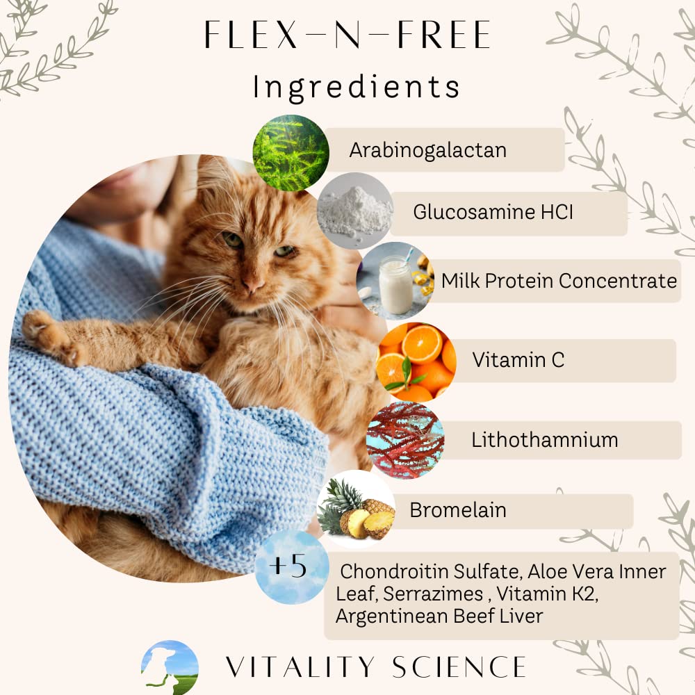 Vitality Science Flex N Free for Cats | Promotes Healthy Bones & Joints | Relieves Joint Stiffness & Maintains Mobility | Reduces Inflammation | Builds Healthy Bone Tissue | 100% Natural (120g)