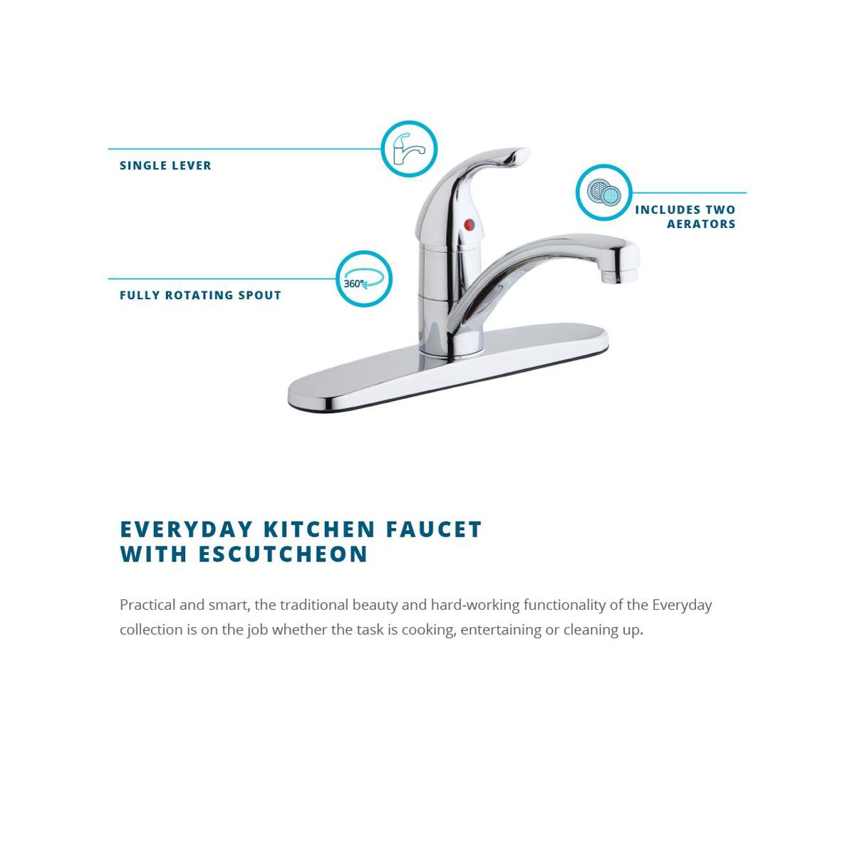 Elkay Everyday LK1000CR Three Hole Deck Mount Kitchen Faucet with Lever Handle and Escutcheon, Chrome