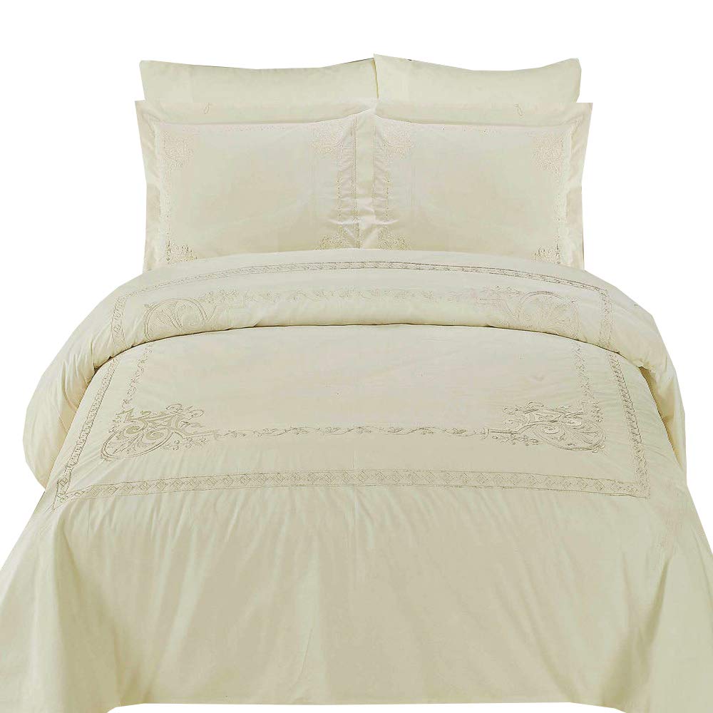 Royal Bedding Athena Ivory Embroidered 3-Piece King/California King Duvet Cover Set 100% Cotton 300 Thread Count