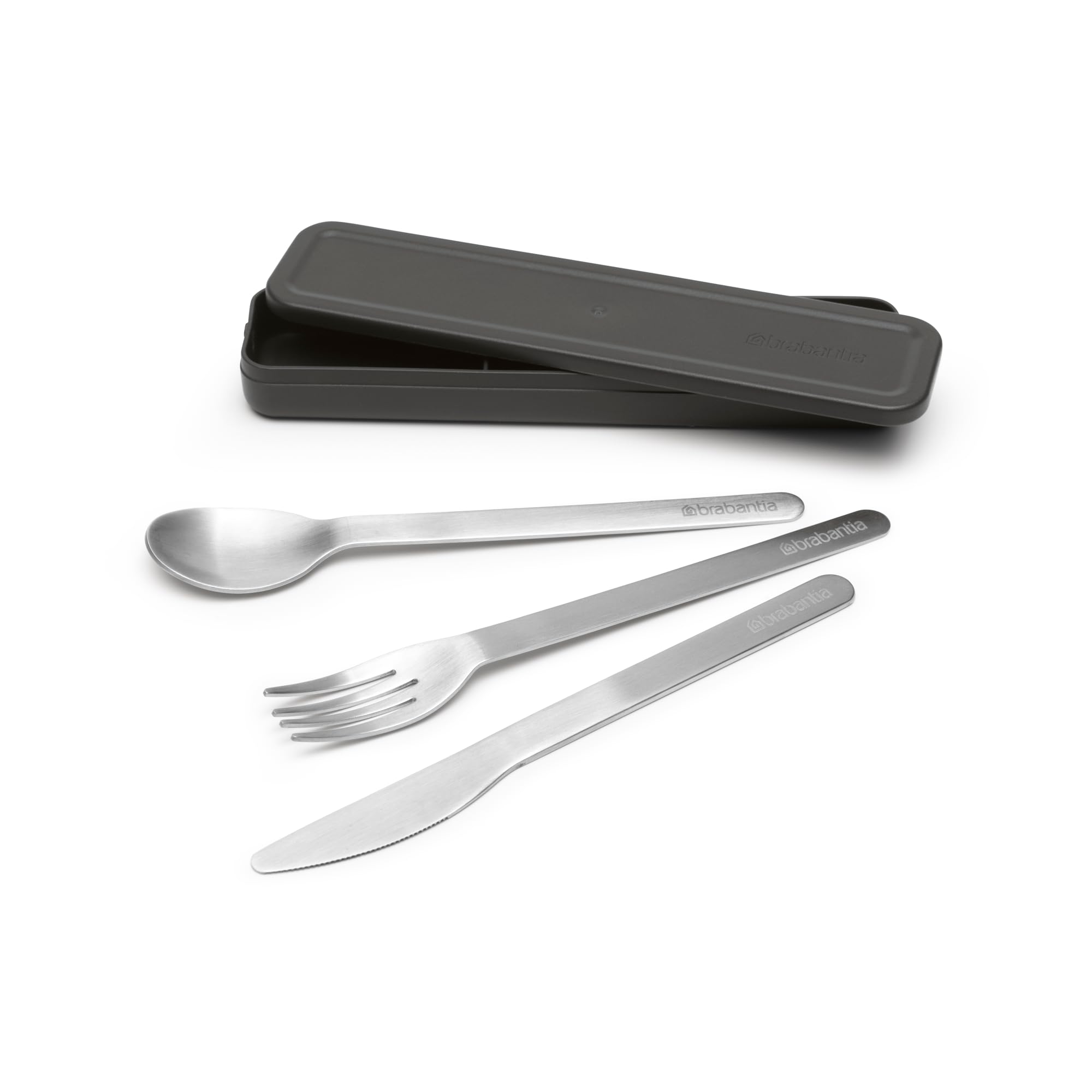 Brabantia Make & Take Cutlery Set with Case (Set of 3) Travel Knife, Spoon, & Fork, Hygienic Compact Design, Stainless Steel, Dishwasher Safe