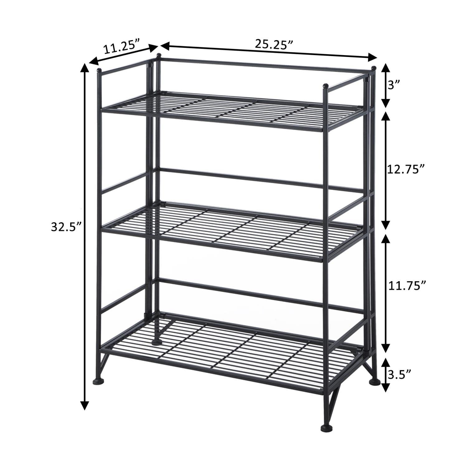 Convenience Concepts Designs2Go X-Tra Storage 3-Tier Wide Folding Metal Shelf, Black