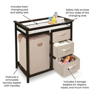 Badger Basket Modern Baby Changing Table with Laundry Hamper, 3 Storage Drawers and Pad, Diaper Change Station - Espresso/Ecru