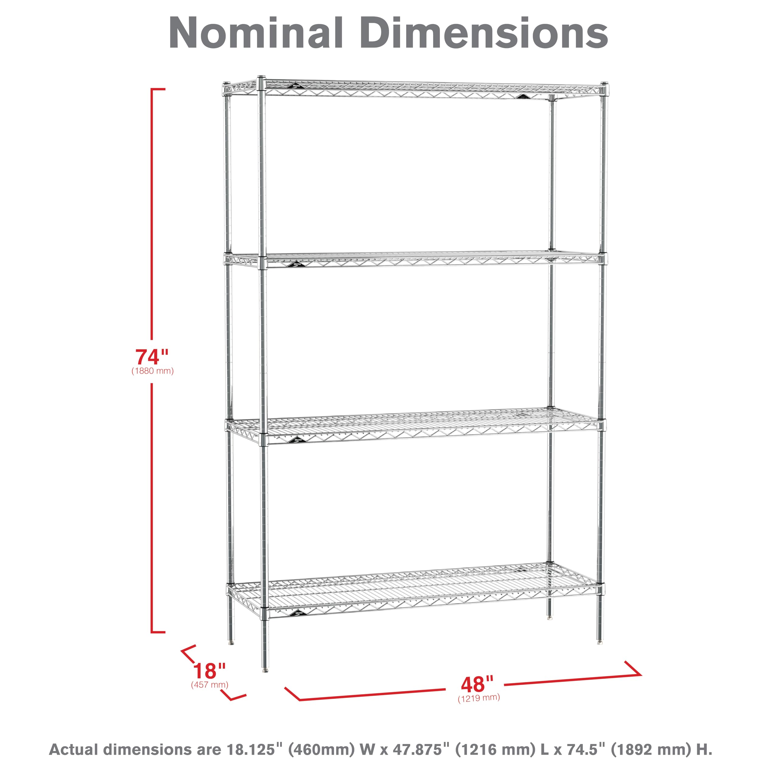 Metro EZ1848NC-4 Super Erecta Industrial Wire Shelving 4-Shelf Convenience Pak, Chrome, 18" x 48" x 74.5"