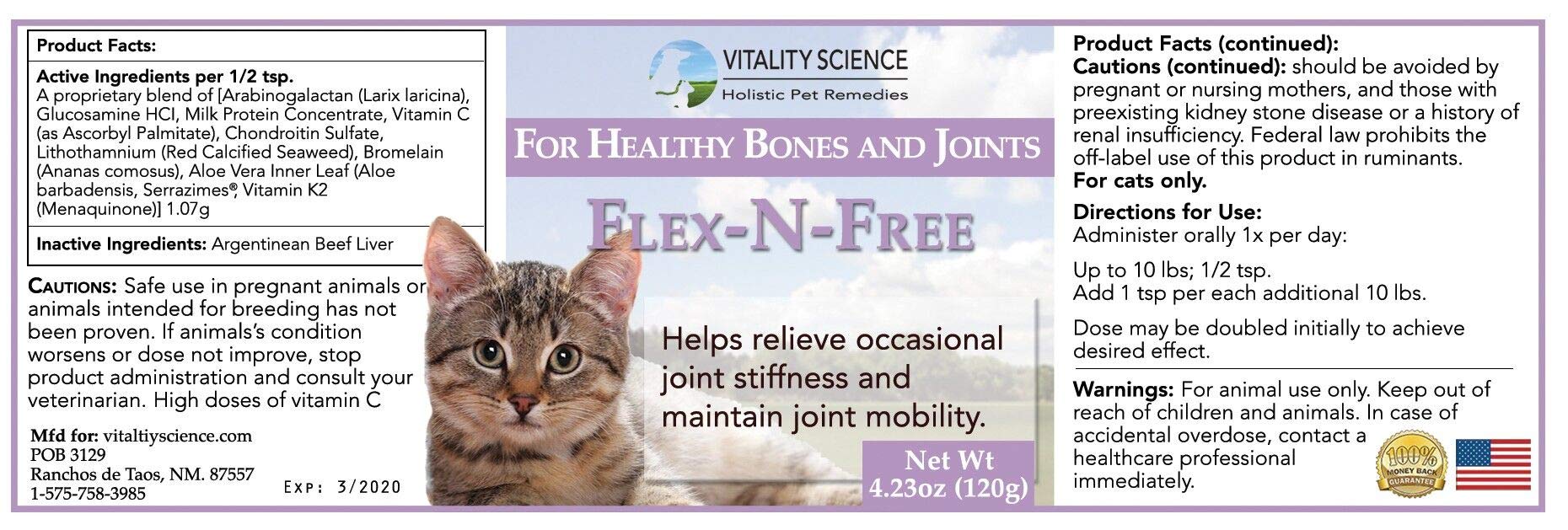 Vitality Science Flex N Free for Cats | Promotes Healthy Bones & Joints | Relieves Joint Stiffness & Maintains Mobility | Reduces Inflammation | Builds Healthy Bone Tissue | 100% Natural (120g)