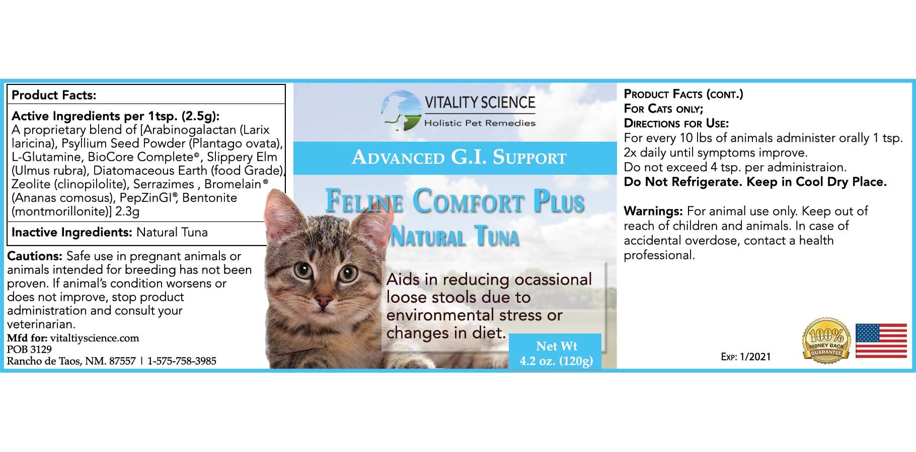 Vitality Science - Feline Comfort Plus, Extra Drying Digestive Aid, GI Support Helps with Vomiting and Diarrhea, 100% Additive Free, 120g (Seafood, Small)