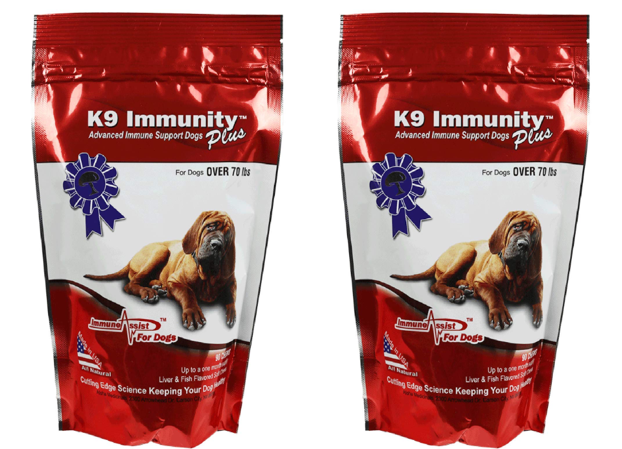 Aloha Medicinals K9 Immunity Plus, Immune Support Supplement for Dogs Over 70 lbs, Organic and Mushroom Enhanced Dog Health Supplies, Pack of 2, 90 Chews