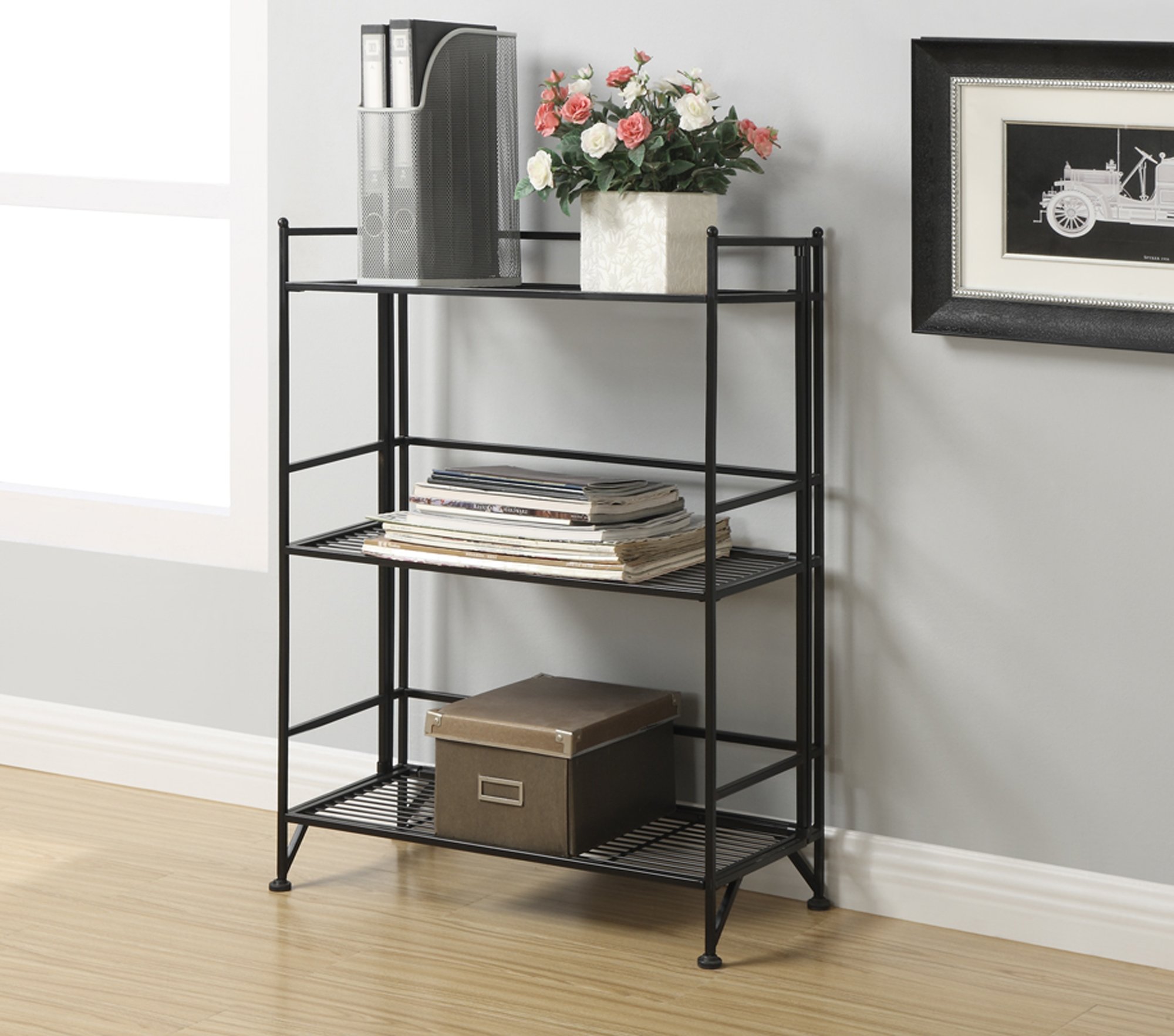 Convenience Concepts Designs2Go X-Tra Storage 3-Tier Wide Folding Metal Shelf, Black