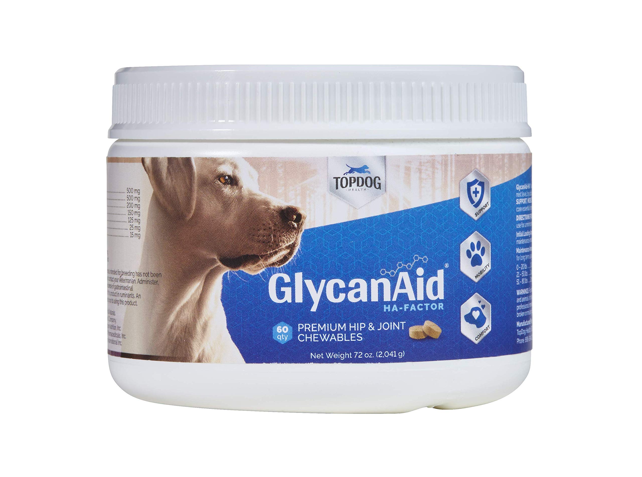 TopDog Health GlycanAid HA Advanced Joint Nutrition for Dogs (60 Chewable Tablets) Made in USA with USA Ingredients: Glucosamine HCL, Chondroitin, Hyaluronic Acid, MSM