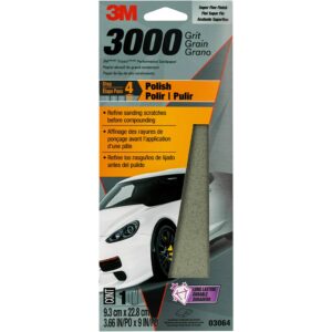 3m performance 3000 grit sandpaper, 3-2/3 in x 9 in, polish clear coat and paint, restore shine, ideal for detailed finishing and polishing, very fine grade abrasive for refined finishes (03064)