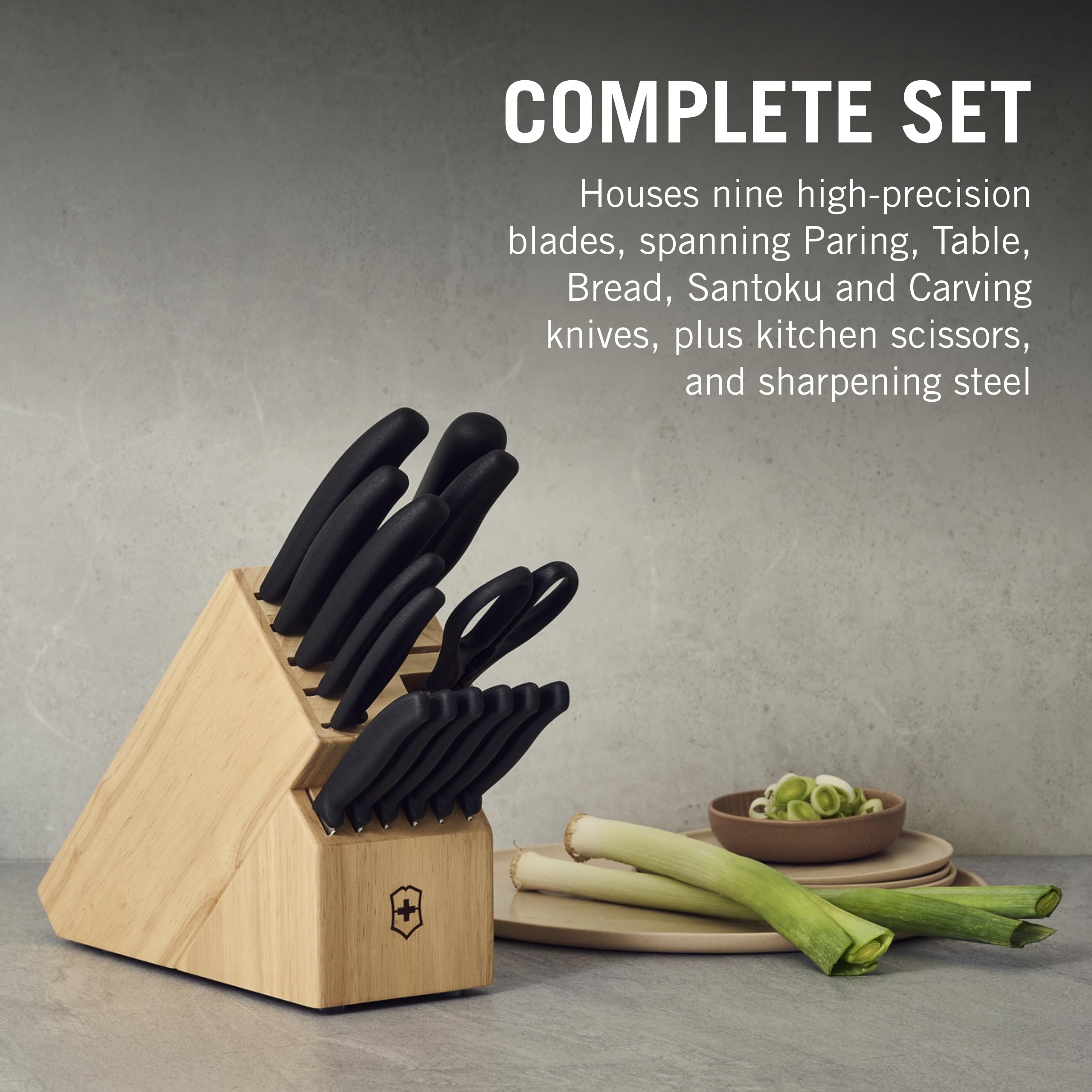 Victorinox Swiss Classic Knife Block - Kitchen Knife Set with Block for Home Essentials - Includes Chef's Knife, Santoku Knife & More - Black Handles, 15-Piece Set