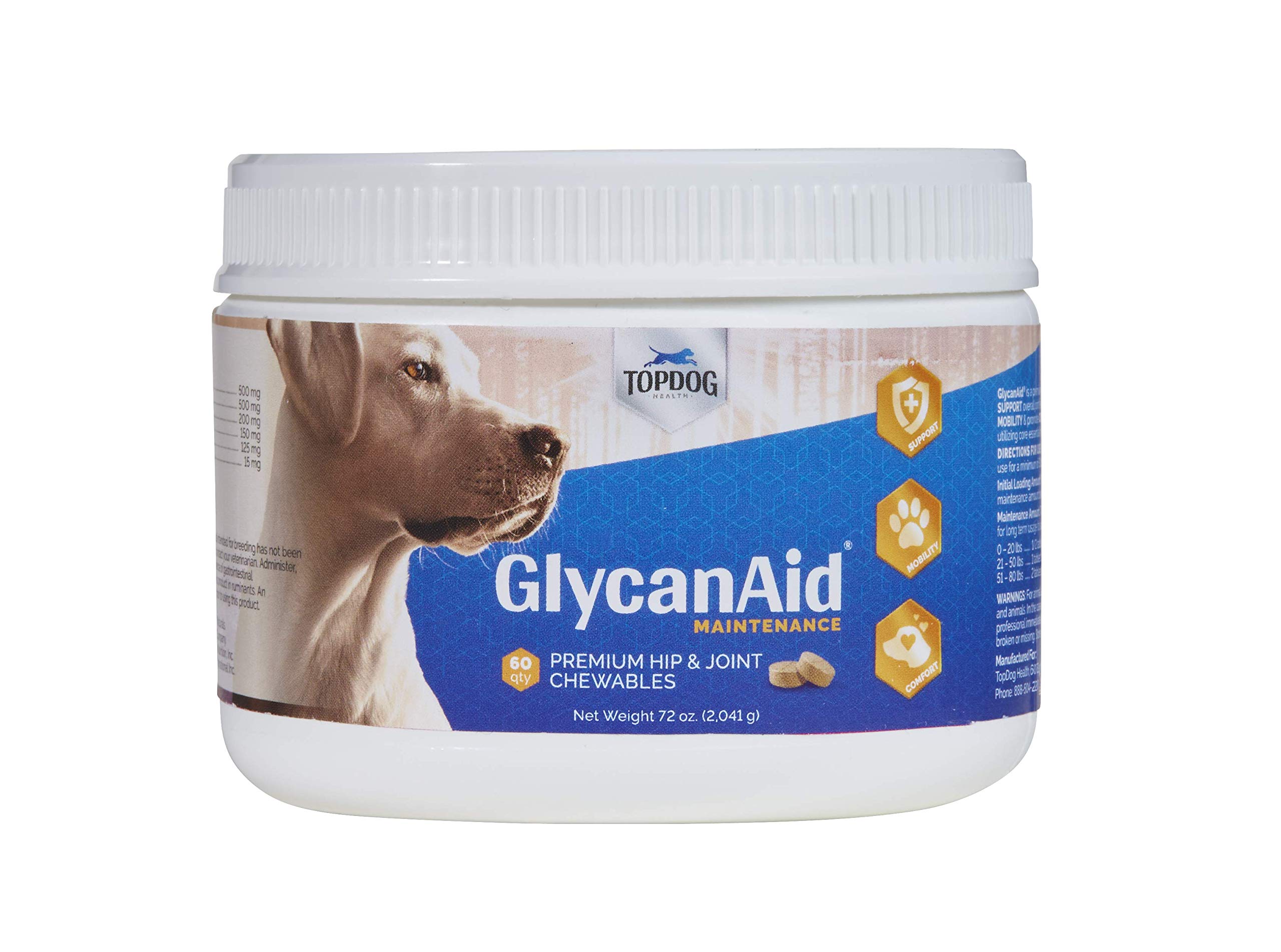 TopDog Health GlycanAid Maintenance Joint Nutrition for Dogs (60 Chewable Tablets), Made in USA-USA Ingredients: Glucosamine HCL, Chondroitin Sulfate, MSM, Vitamin C