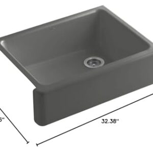 KOHLER K-6487-58 Whitehaven Farmhouse Self-Trimming Apron Front Single Basin Kitchen Sink with Tall Apron, Thunder Grey