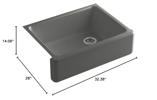 KOHLER K-6487-58 Whitehaven Farmhouse Self-Trimming Apron Front Single Basin Kitchen Sink with Tall Apron, Thunder Grey