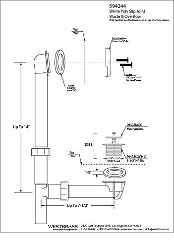 Westbrass 594244-01 14" White Tubular Bath Waste & Overflow Assembly with Twist & Close Drain Plug and 2-Hole Faceplate, Polished Brass