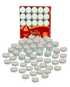 mini tea light candles - 50 bulk pack - white unscented travel, centerpiece, decorative candle - 1 hour burn time - pressed wax