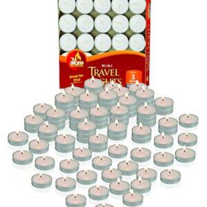 Mini Tea Light Candles - 50 Bulk Pack - White Unscented Travel, Centerpiece, Decorative Candle - 1 Hour Burn Time - Pressed Wax