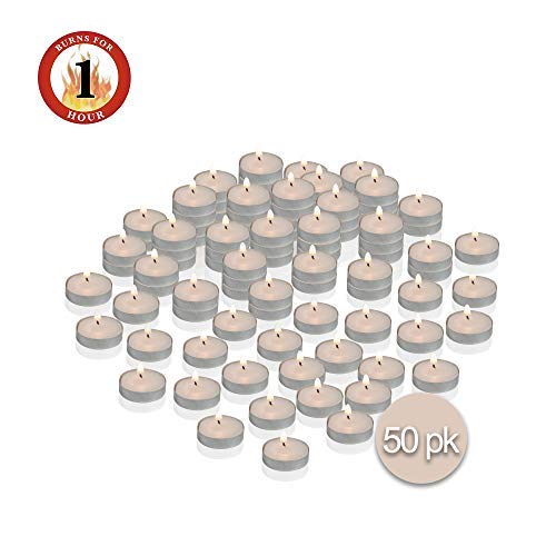 Mini Tea Light Candles - 50 Bulk Pack - White Unscented Travel, Centerpiece, Decorative Candle - 1 Hour Burn Time - Pressed Wax