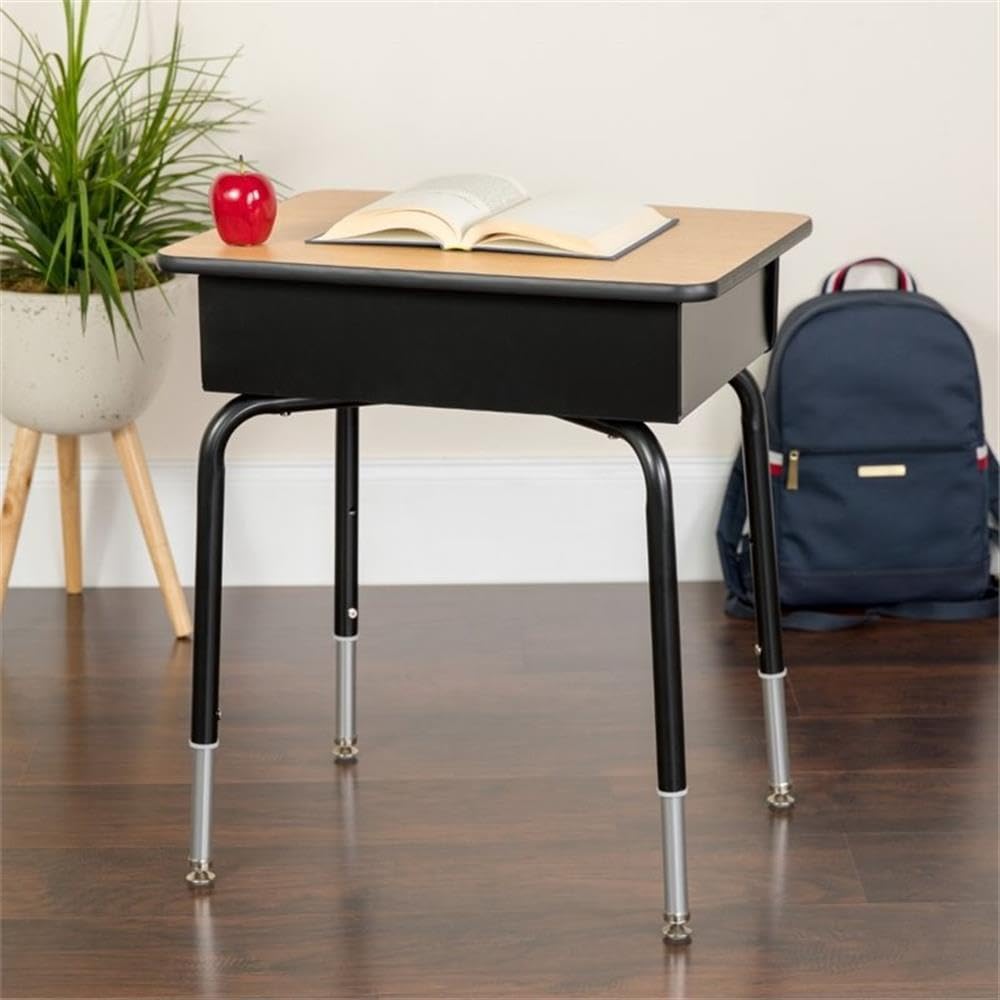 Flash Furniture Billie Open Front Student Desk for Classrooms or Remote Learning, Height Adjustable School Desk with Metal Book Box, Natural/Black