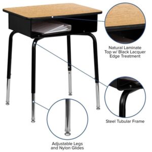 Flash Furniture Billie Open Front Student Desk for Classrooms or Remote Learning, Height Adjustable School Desk with Metal Book Box, Natural/Black