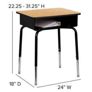 Flash Furniture Billie Open Front Student Desk for Classrooms or Remote Learning, Height Adjustable School Desk with Metal Book Box, Natural/Black