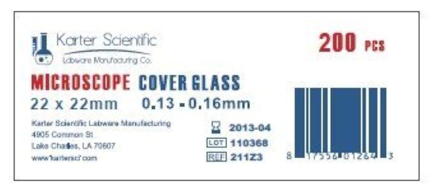 Standard Microscope Cover Slips, #1 Thick, 22x22mm, Karter Scientific 211Z3 (Pack of 200)