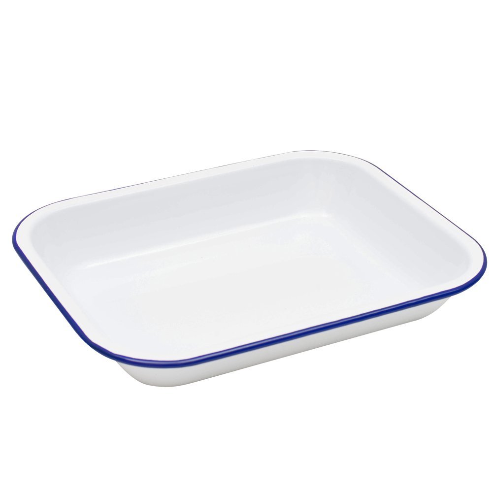 Enamelware Small Open Roaster, 11.5 x 9.25 inches, Vintage White/Blue (Single)