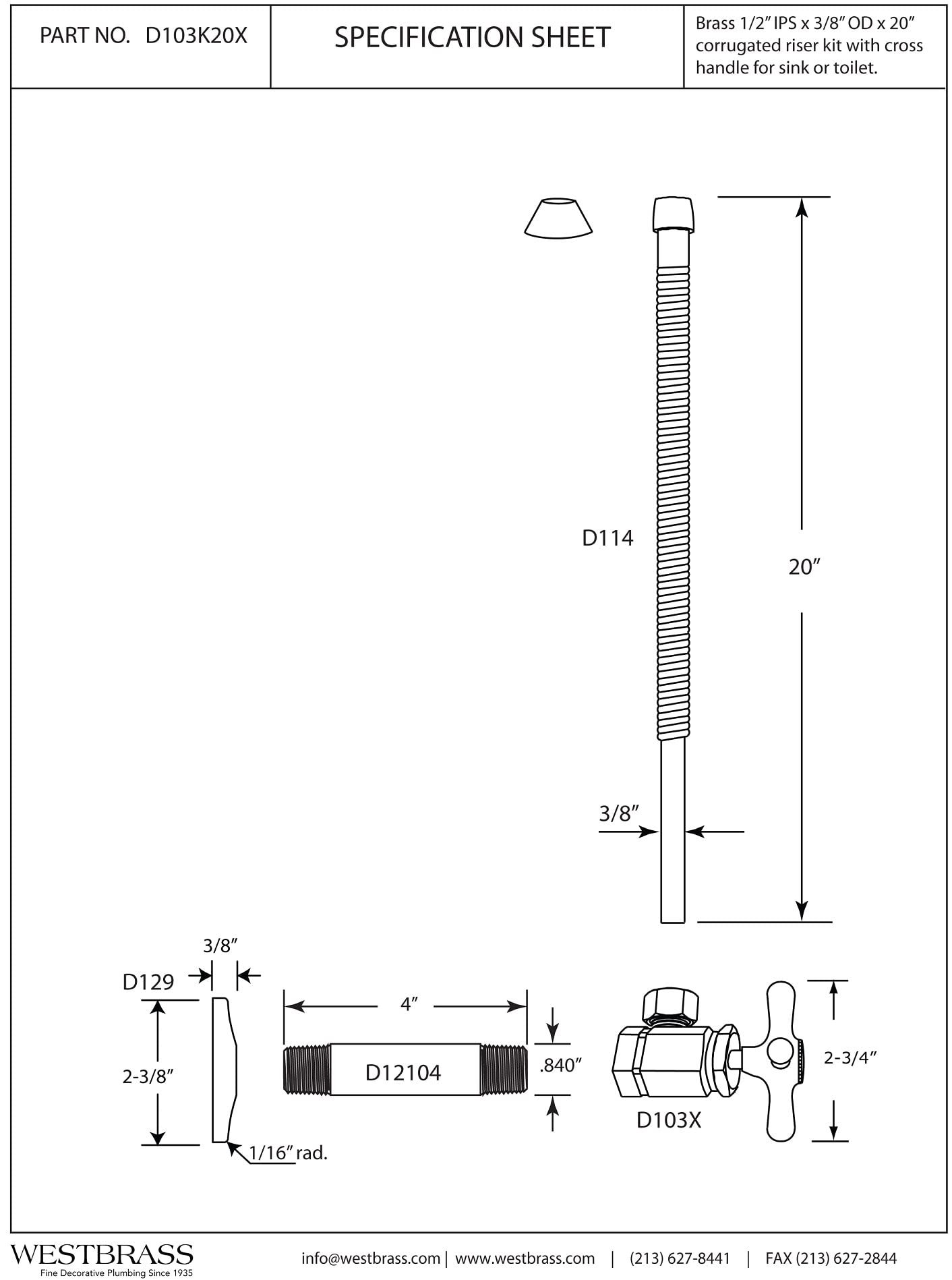 Westbrass Corrugated Supply Kit with Cross Handle, 1/2" IPS x 3/8" OD x 20", Oil Rubbed Bronze, D103K20X-12