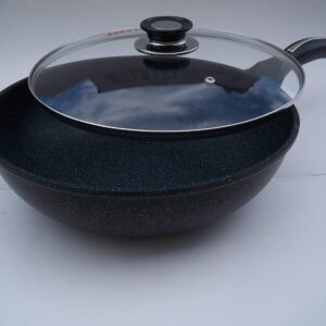 Ceramic Marble Coated Cast Aluminium Non Stick Stir Fry Wok With Glass Lid (34 cm)