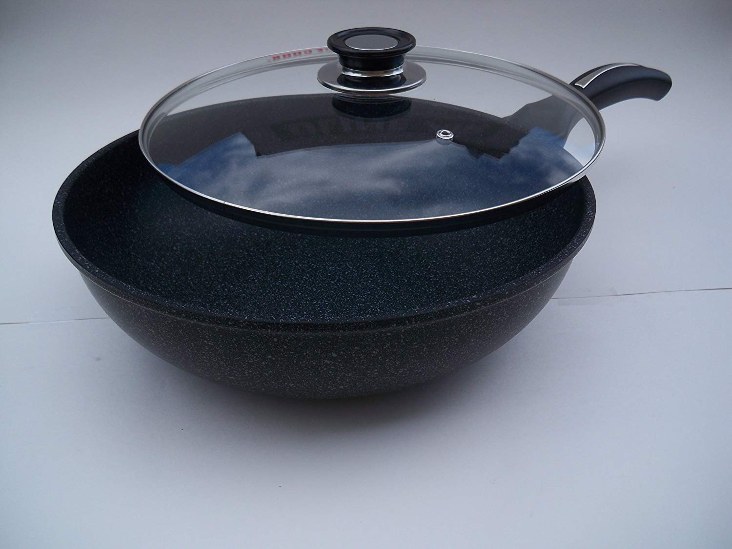 Ceramic Marble Coated Cast Aluminium Non Stick Stir Fry Wok With Glass Lid (34 cm)