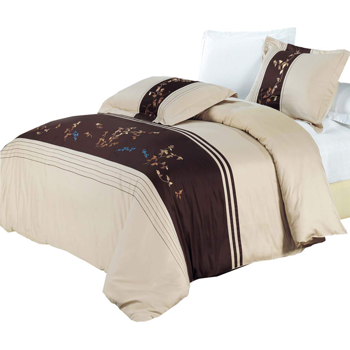 sheetsnthings 3 Piece Celeste Duvet Cover Set, 100% Cotton -Beige & Chocolate King/California King- Embroidered Duvet Covers