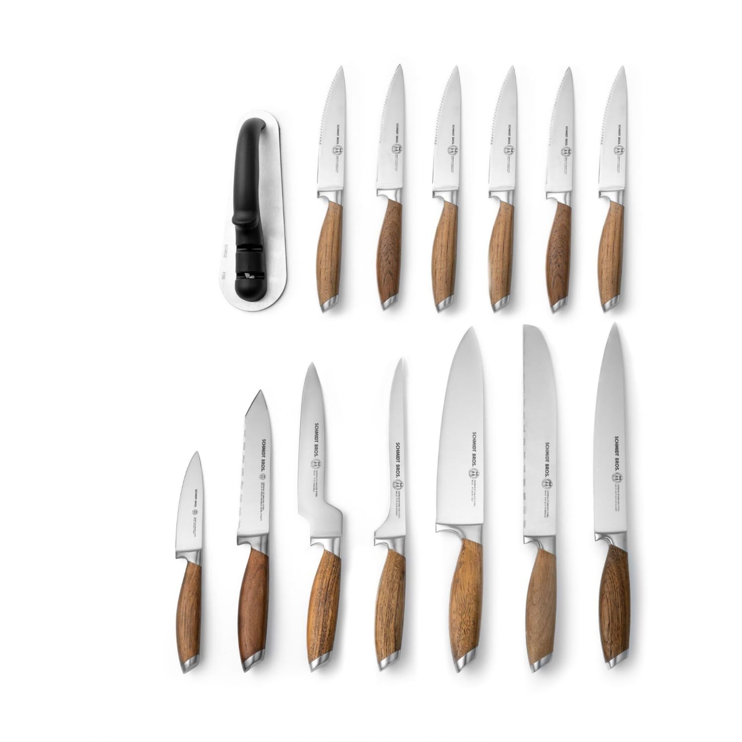 Schmidt Brothers - Bonded Teak, 15-Piece Knife Set, High-Carbon Stainless Steel Cutlery with Acacia and Acrylic Magnetic Knife Block and Knife Sharpener