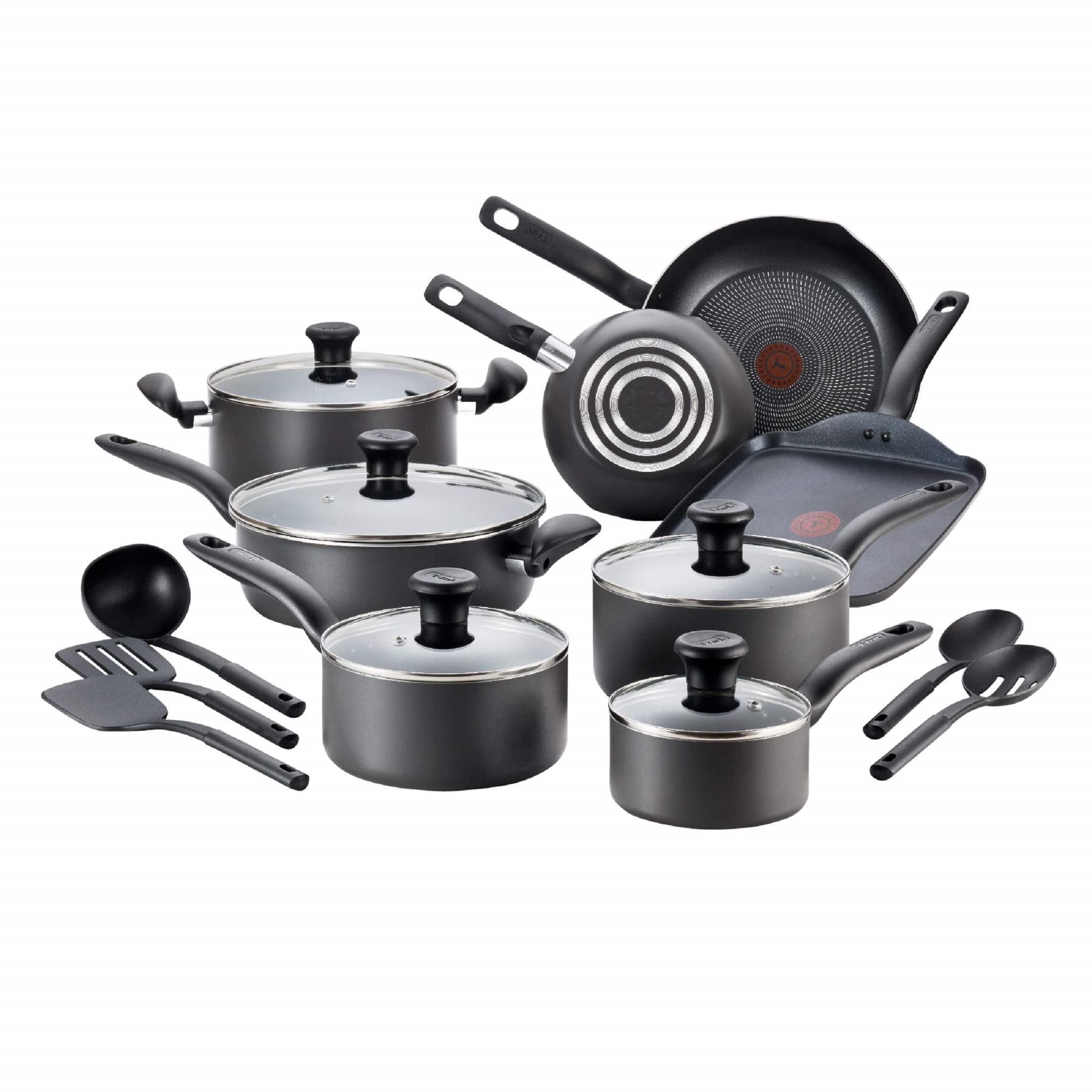 T-fal Initiatives Nonstick Cookware Set 18 Piece, Oven Broiler Safe 350F, Kitchen Cooking Set w/ Fry Pans, Saucepans, Stockpots, Skillet, Spoons, Lids Pots and Pans Set Non Stick Dishwasher Safe Black