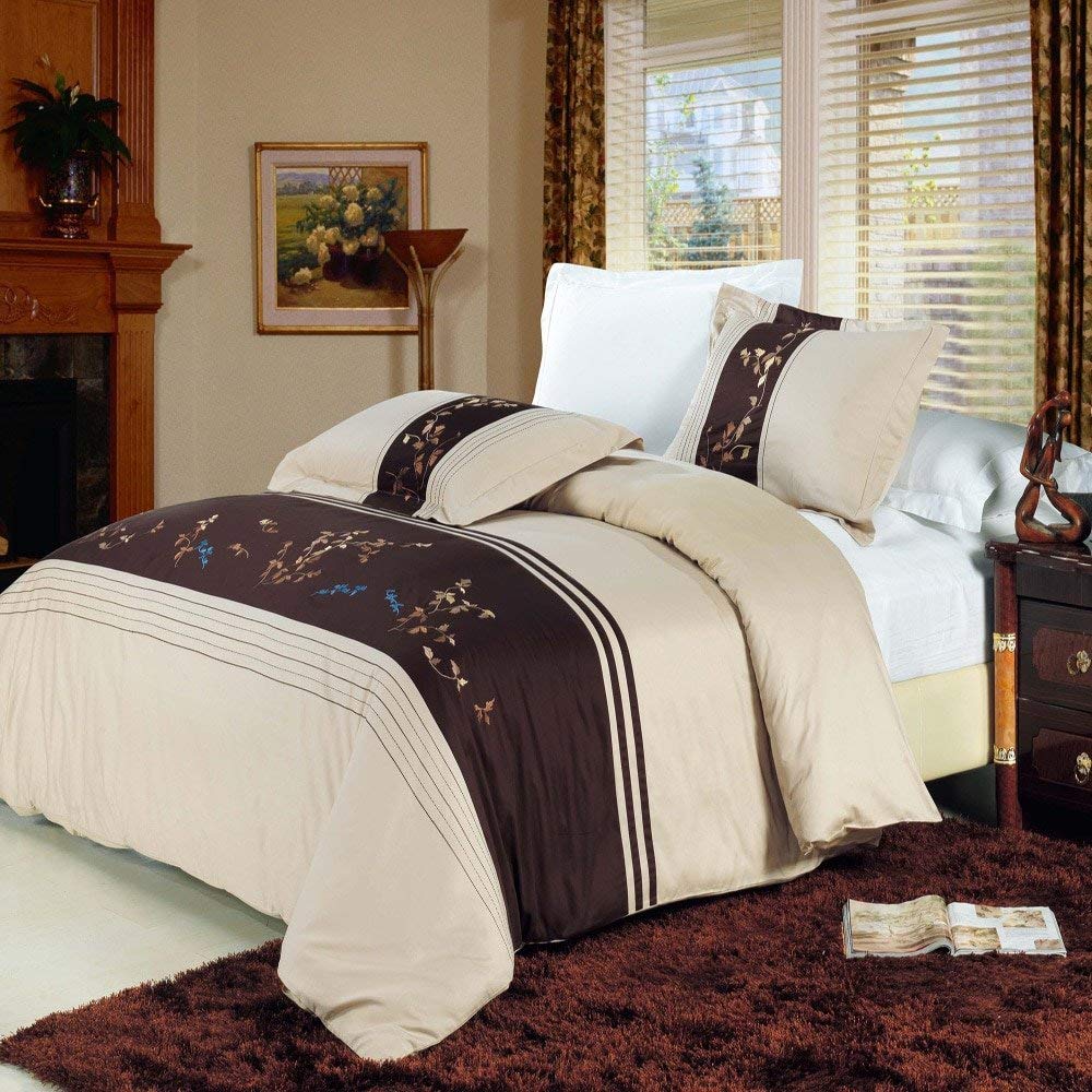 sheetsnthings 3 Piece Celeste Duvet Cover Set, 100% Cotton -Beige & Chocolate King/California King- Embroidered Duvet Covers