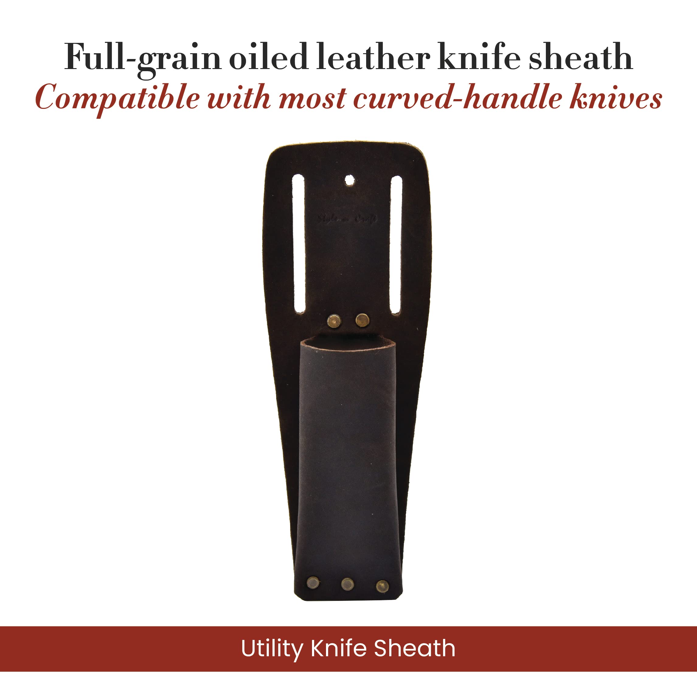 Style n Craft Utility Knife Sheath, Full-Grain Oiled Leather Knife Sheath, Compatible with Most Curved-Handle Knives (#70010), Dark Brown