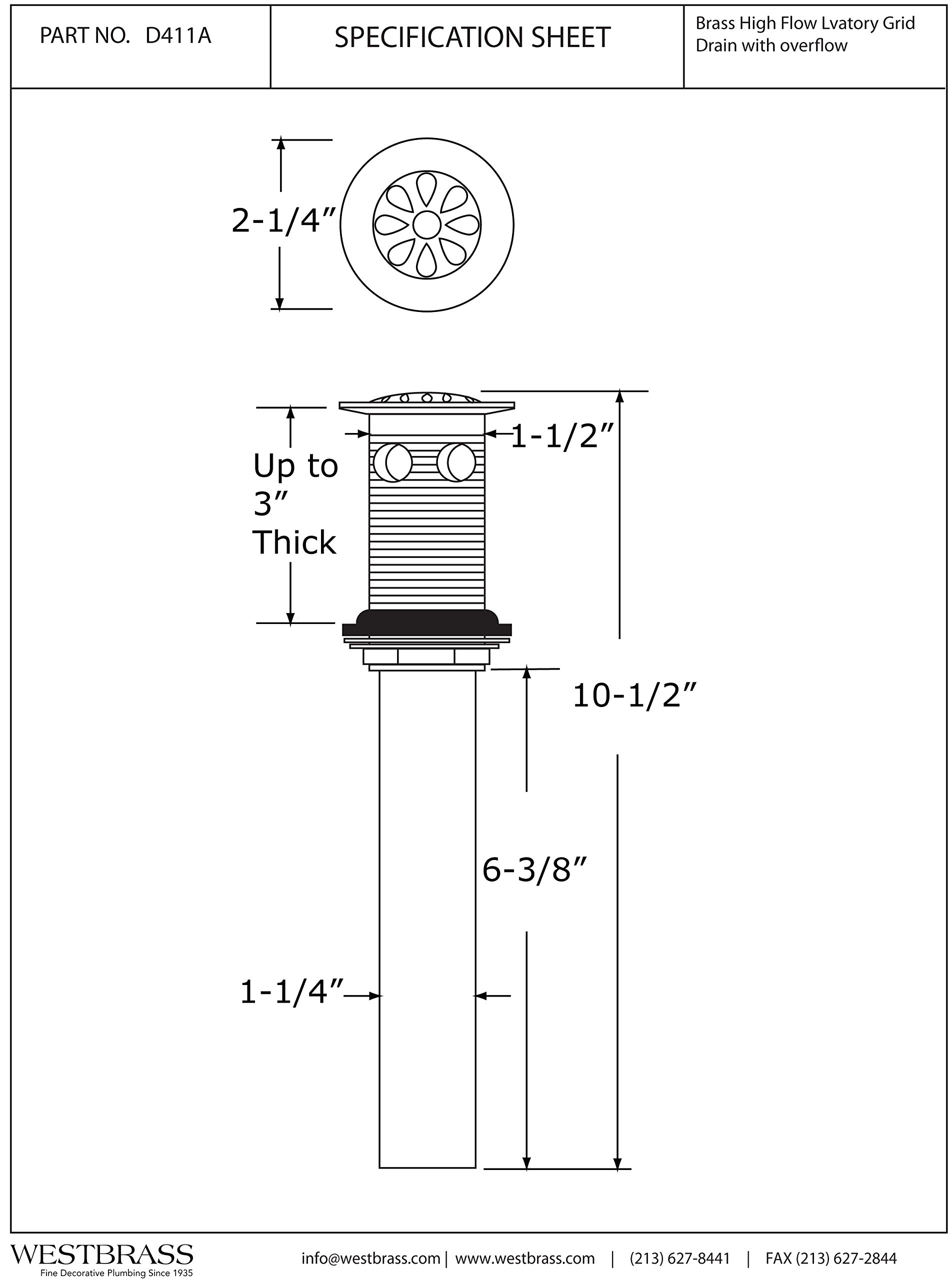 Westbrass D411A-01 High-Flow Grid Lavatory Drain with Overflow Holes-Exposed, Polished Brass