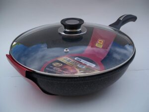 ceramic marble coated cast aluminium non stick stir fry wok with glass lid (34 cm)