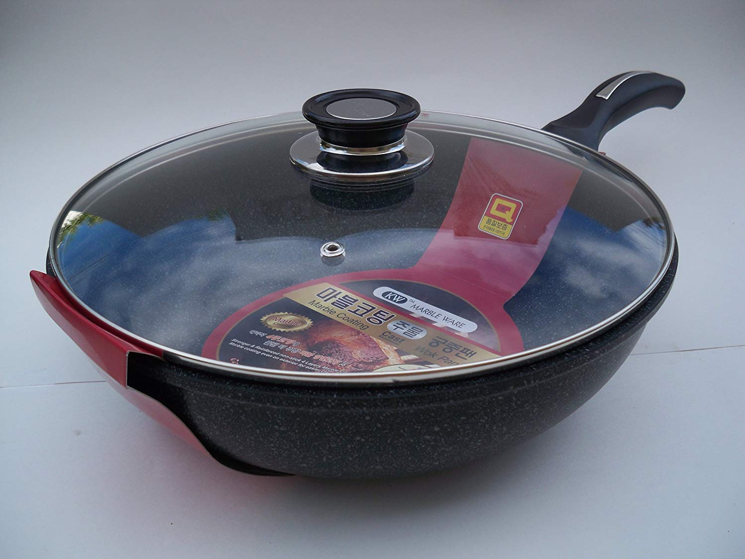 Ceramic Marble Coated Cast Aluminium Non Stick Stir Fry Wok With Glass Lid (34 cm)