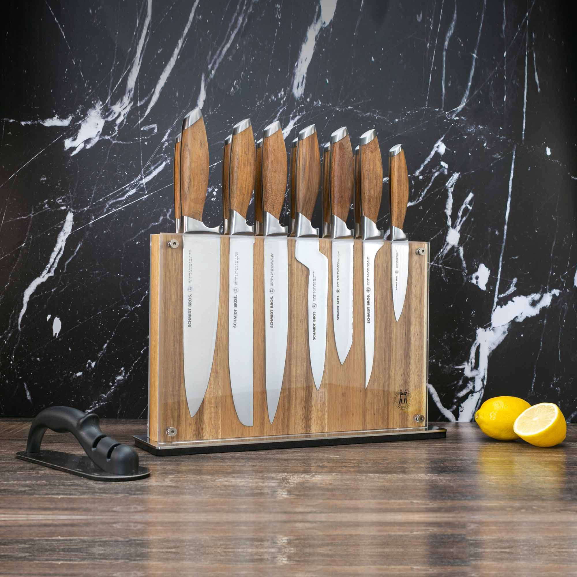 Schmidt Brothers - Bonded Teak, 15-Piece Knife Set, High-Carbon Stainless Steel Cutlery with Acacia and Acrylic Magnetic Knife Block and Knife Sharpener