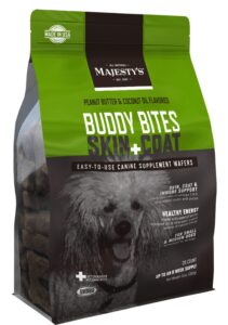 majesty's buddy bites skin and coat wafers for small / medium dogs - superior skin, coat, and immune support supplement - peanut butter and coconut oil flavored - 1 pack (28 count)