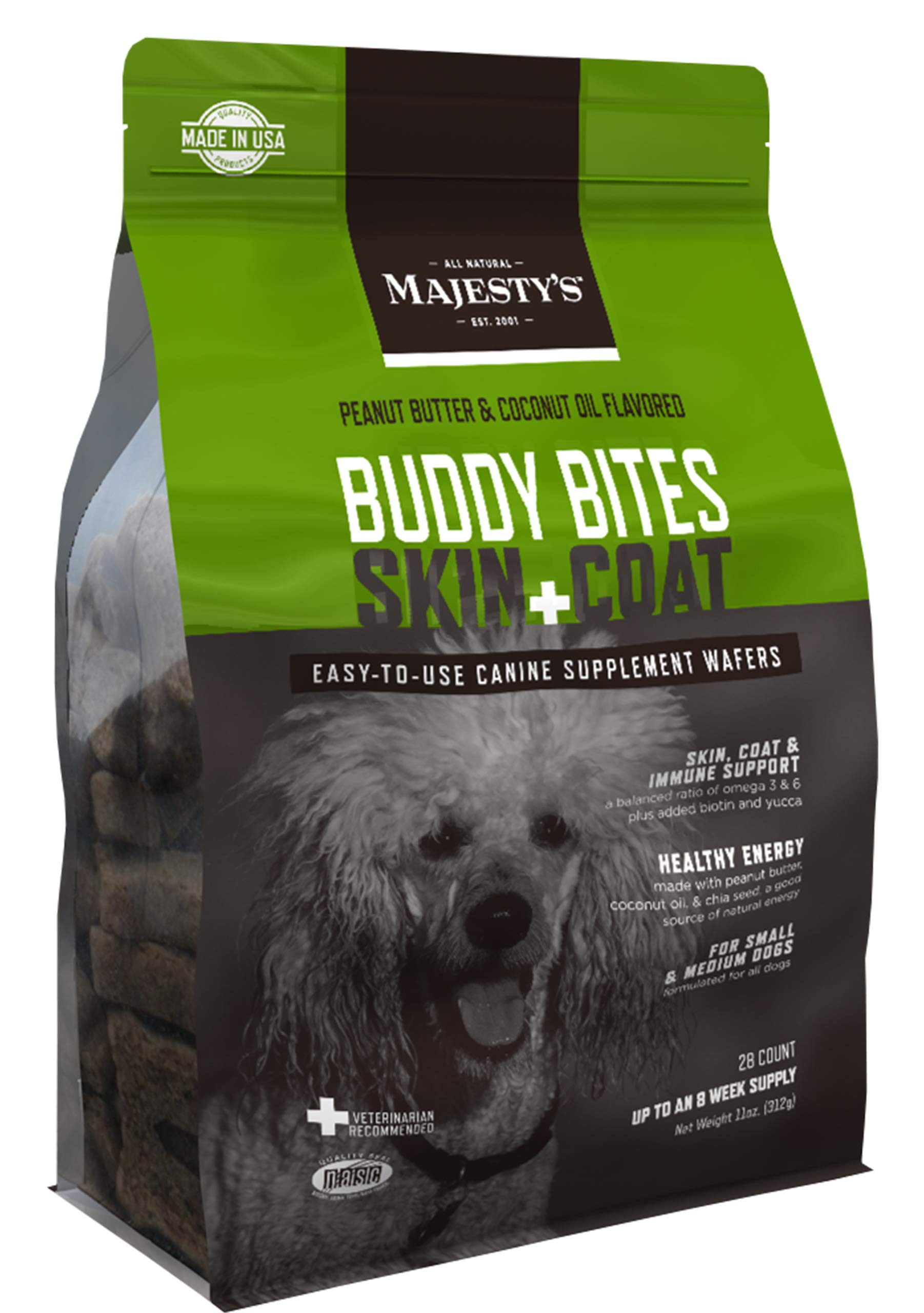 Majesty's Buddy Bites Skin and Coat Wafers for Small / Medium Dogs - Superior Skin, Coat, and Immune Support Supplement - Peanut Butter and Coconut Oil Flavored - 1 Pack (28 Count)