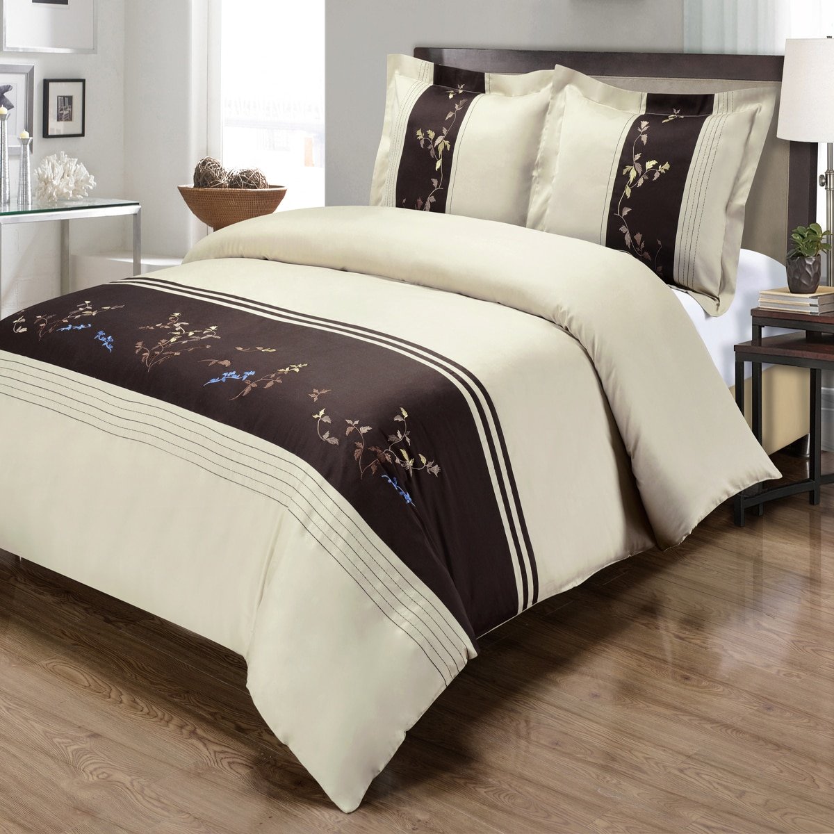 sheetsnthings 3 Piece Celeste Duvet Cover Set, 100% Cotton -Beige & Chocolate King/California King- Embroidered Duvet Covers