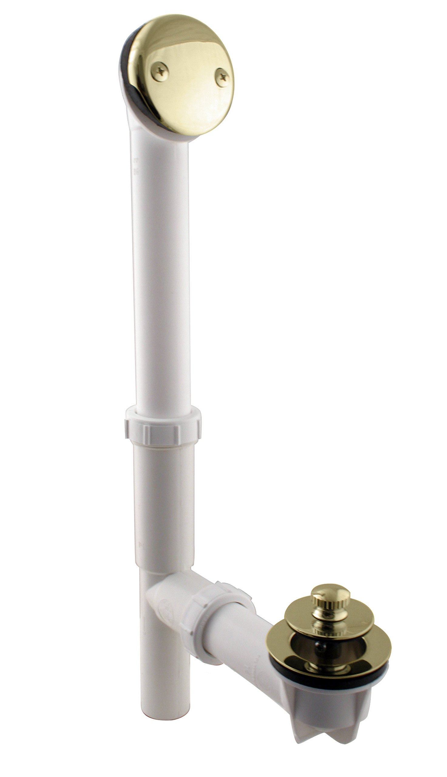 Westbrass 594244-01 14" White Tubular Bath Waste & Overflow Assembly with Twist & Close Drain Plug and 2-Hole Faceplate, Polished Brass